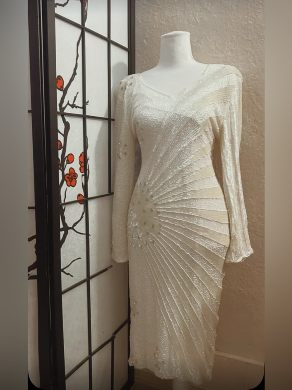 VINTAGE 100% Silk Jewel Queen Beaded Ivory Long-Sleeve Gown